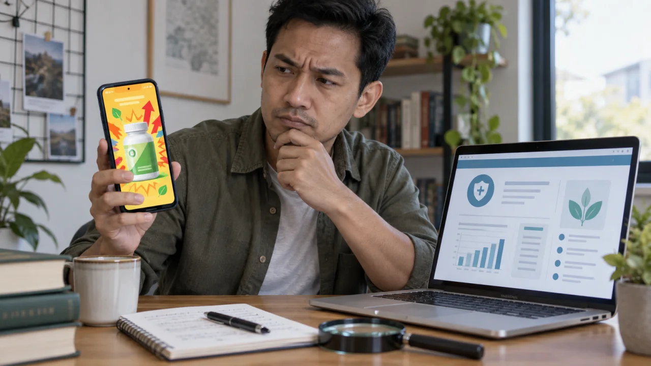 Diagram penyaring klaim terapi berdasarkan bukti, risiko, relevansi, dan transparansi